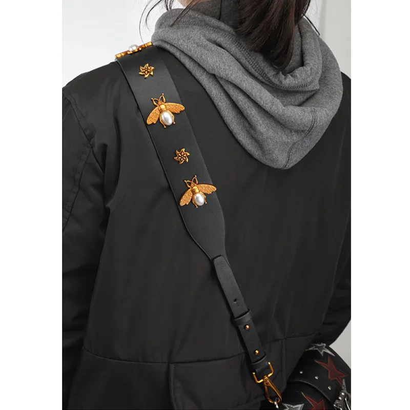 TINBERON Women's Bag Strap Fashion Vintage Gold Bee Shoulder Straps Real Leather Bag Strap Replacement Handbag Parts Accessories