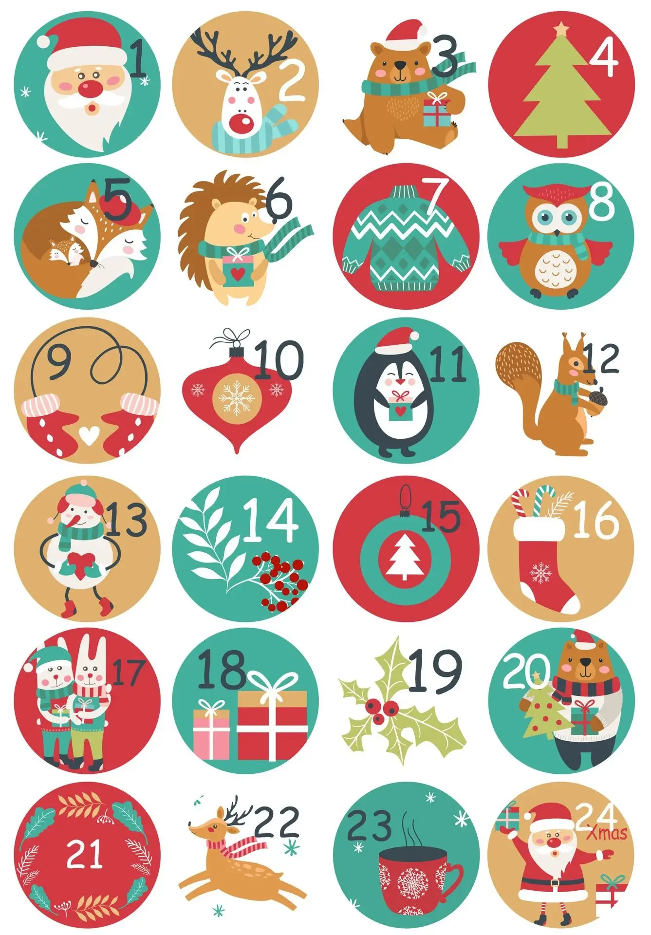 Autocollants Chiffrés De Noël 1 à 24 - Pour Calendrier De L'Avent - Décorations Sapin, Père Noël, Bonhomme De Neige - 5