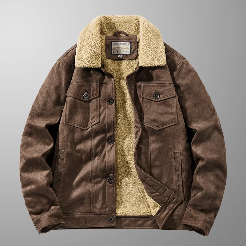 Winter Faux Suede Workwear Jacket Men's Fleece Thickened Loose Lapel Multi-Pocket Faux Sherpa Warm Jacket Plus Size Coat