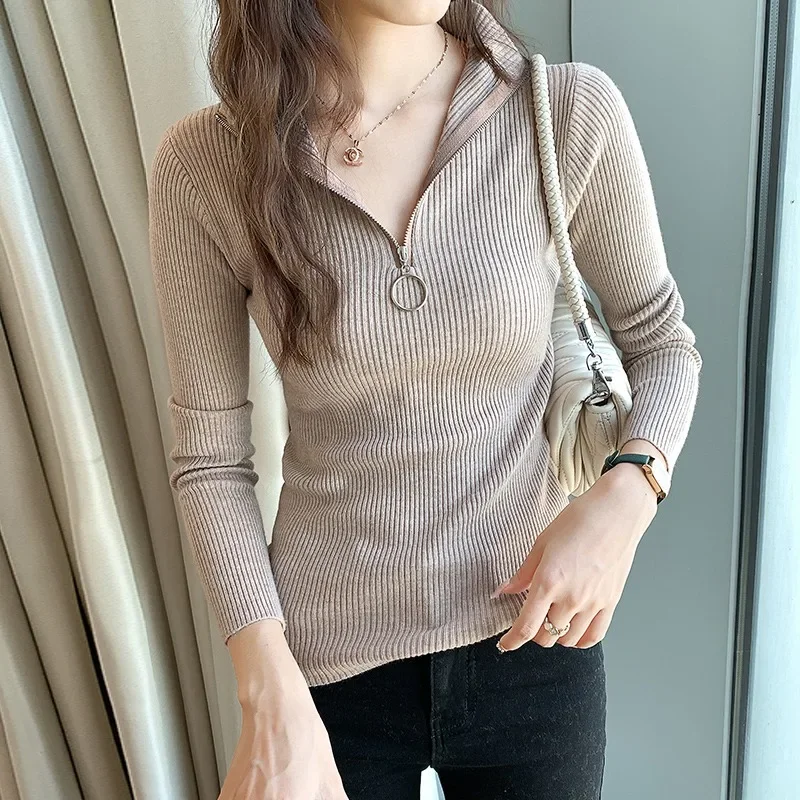 

Autumn and Winter Zipper V-Neck Sweater Women Spring Slim Bottoming Sweater Clothes Office Top Design Jumper Elegant 28790