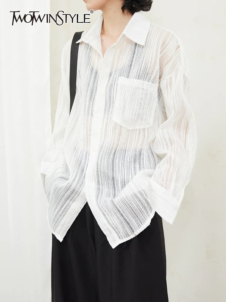 

TWOTWINSTYLE Solid Sheer Shirt For Women Lapel Long Sleeve Patchwork Single Breasted Minimalist Casual Blouse Female Clothes New