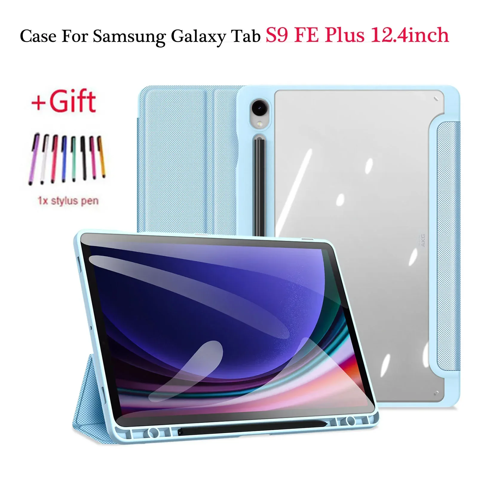 

For Samsung Tab S9 FE Plus Case 12.4inch Tri-Fold Leather Magnetic Stand Smart Case For Coque Galaxy Tab S9 FE plus Cover+Pen