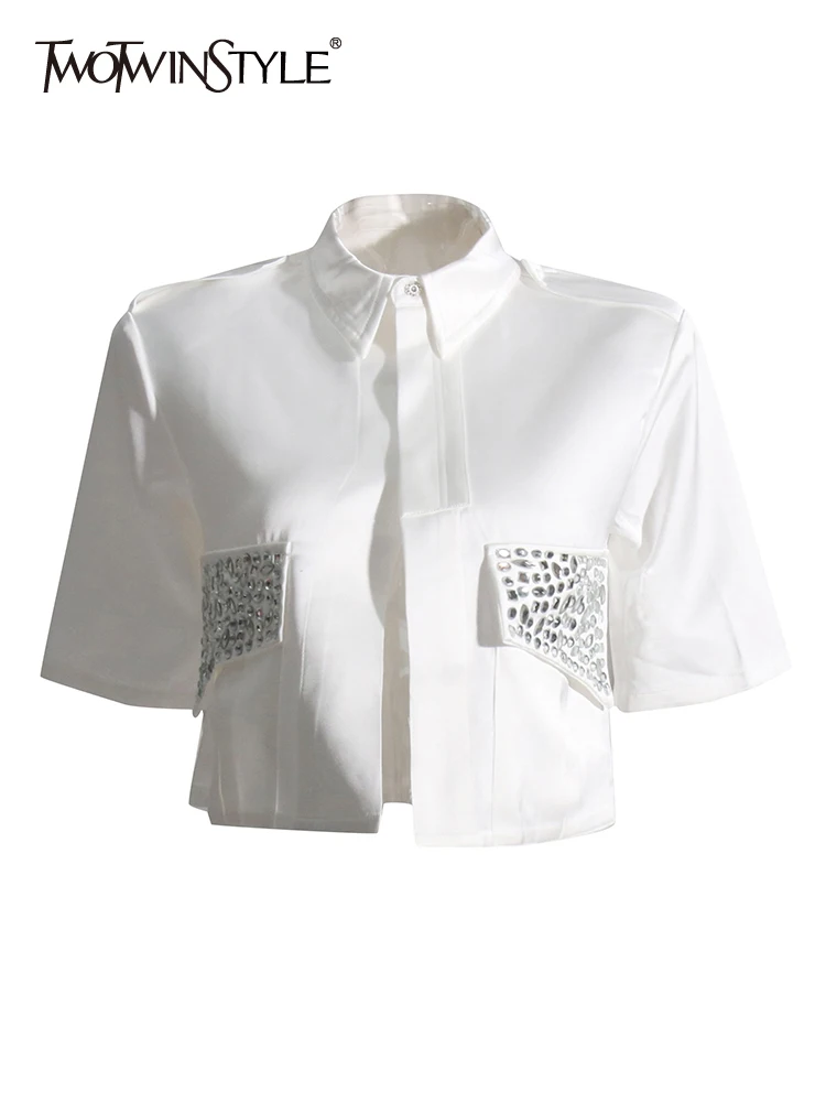 

TWOTWINSTYLE Solid Spliced Diamonds Blouses For Women Lapel Short Sleeve Patchwork Folds Temperament Shirt Female Fashion 2023