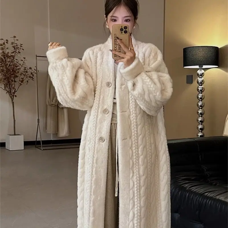 여성용 친환경 모피 코트, 긴 루즈 싱글 브레스트 가디건 스웨터, 분위기 있는 코트, 2023 가을 겨울 신상