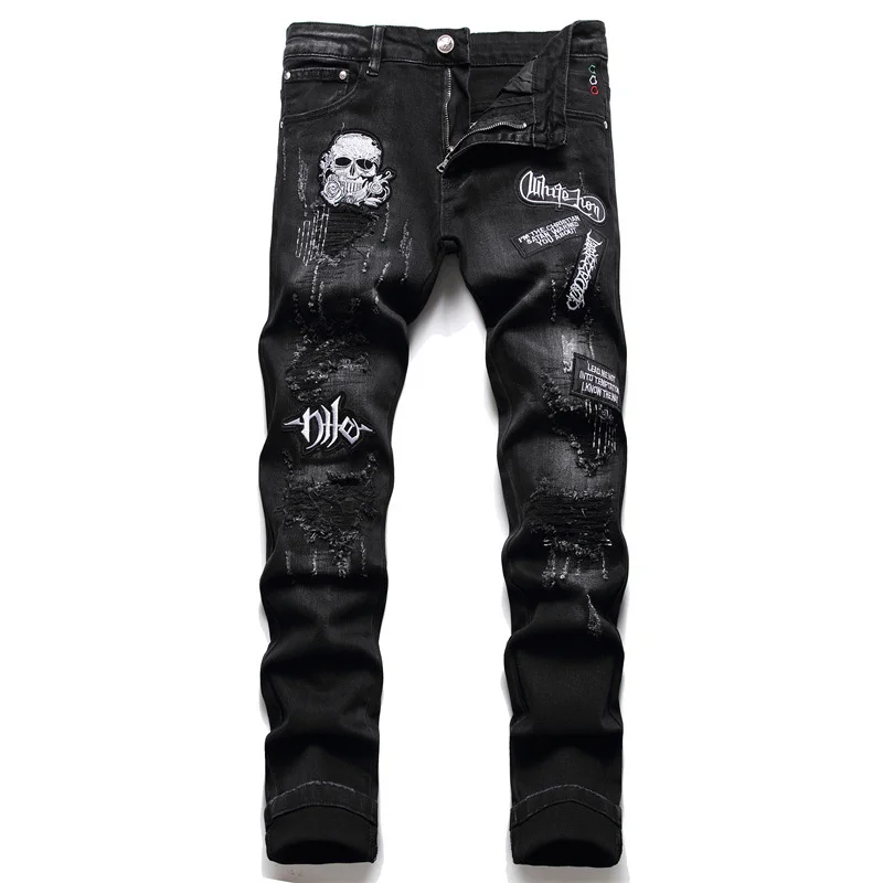 

2022 Autumn New Ripped Black Jeans Men's Fashion Skull Embroidery Slim Stretch Denim Pants Nightclub Motorcycle Trend Denim Trou