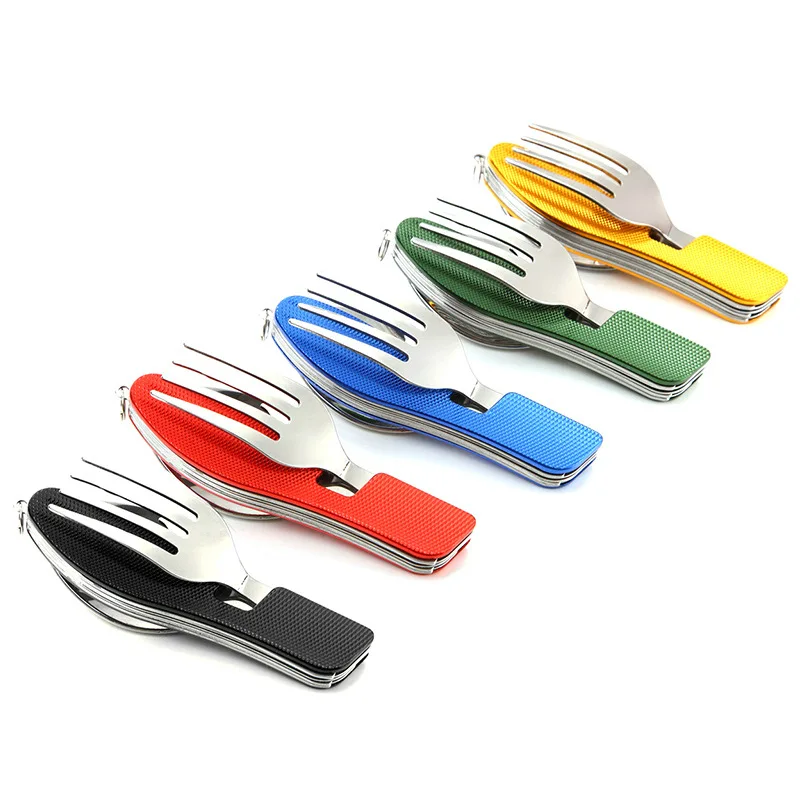 Foldable Stainless Steel Pocket Cutlery, Outdoor Camping, Picnic Knife, Fork, Spoon, Tableware Parts, Bottle Opener Combo Set