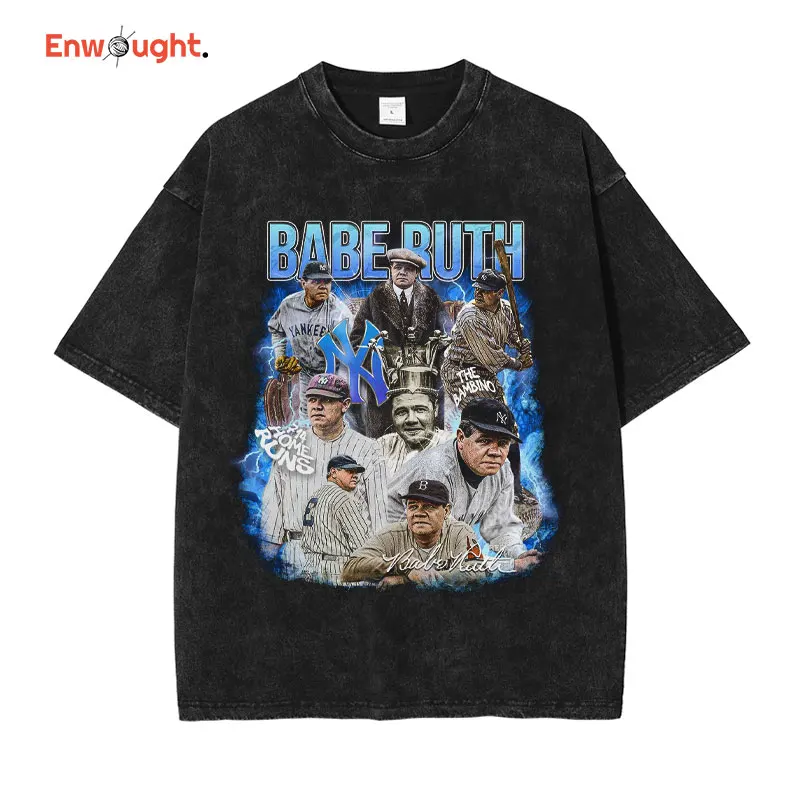 

Babe Ruth T Shirt Baseball Player God George Herman Vintage Washed Top Tee Hip Hop Short Sleeve Oversized T-shirt 100% Cotton