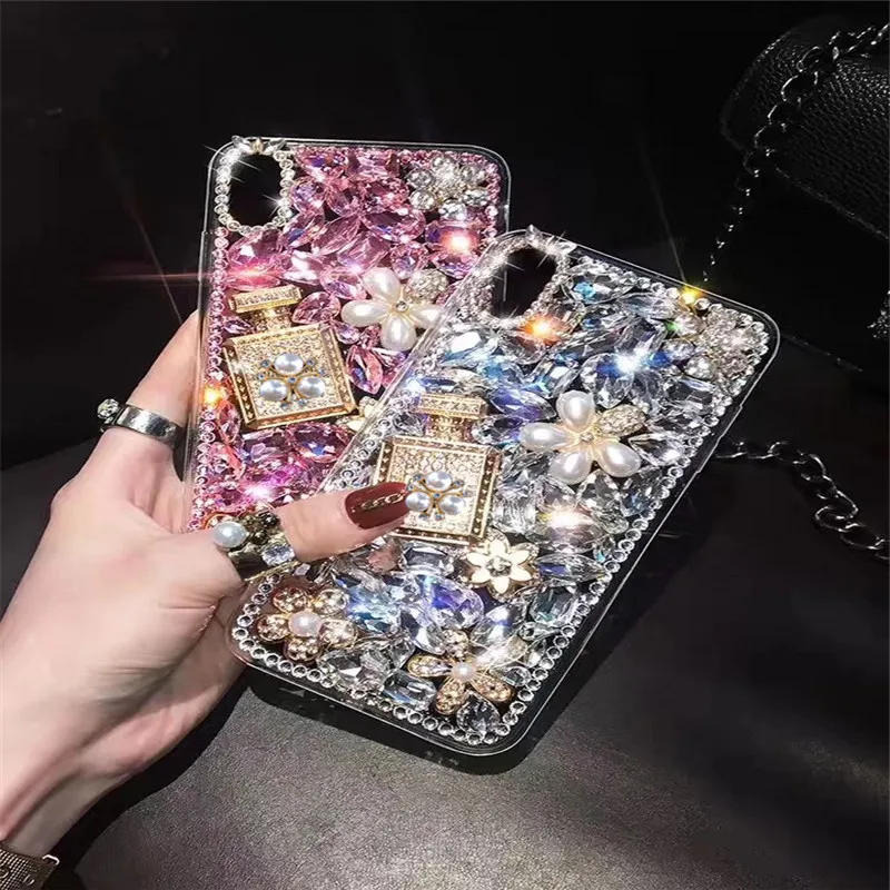 

Luxury Bling Diamond Perfume Bottle Phone Case For SamsungS8 S9 S10 S20 S21 S22 S23PLUS Note9 10 20 Pearl Flower Soft Shell Capa