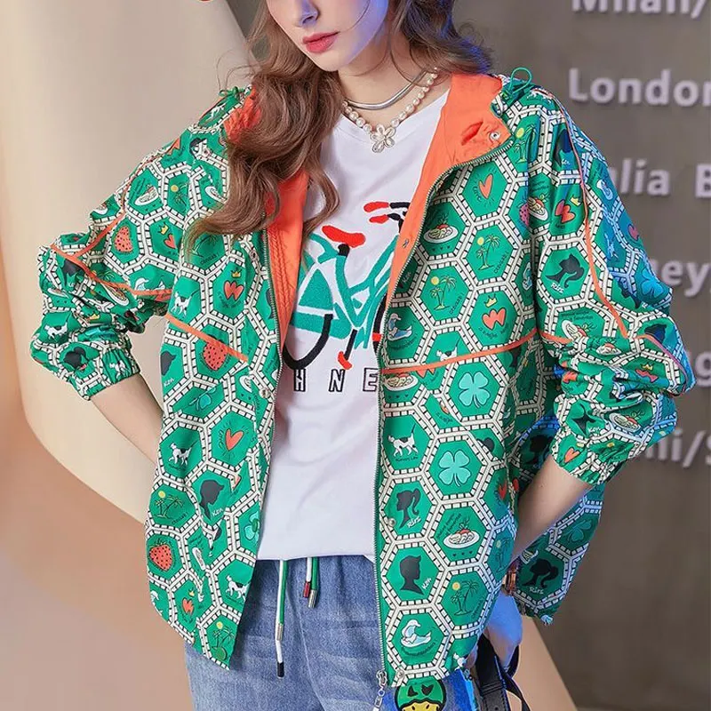 Commute Printed Casual Loose Jackets 2023 Spring Autumn Korean Female Clothing Long Sleeve Stylish Zipper Hooded Spliced Coats