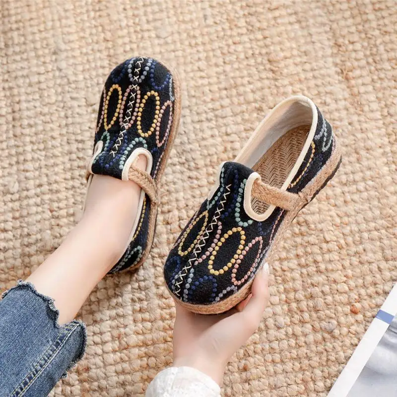 

YourSeason Ladies Flats Embroider Cotton Linen Spring Autumn Geometric Round Toe Handmade Comfortable Leisure Women Flats Shoes