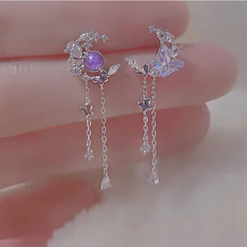 Korean Exquisite Planet Moon Butterfly Tassel Earrings for Women Sparkling Crystal Asymmetrical Drop Earrings Girl Party Jewelry 1