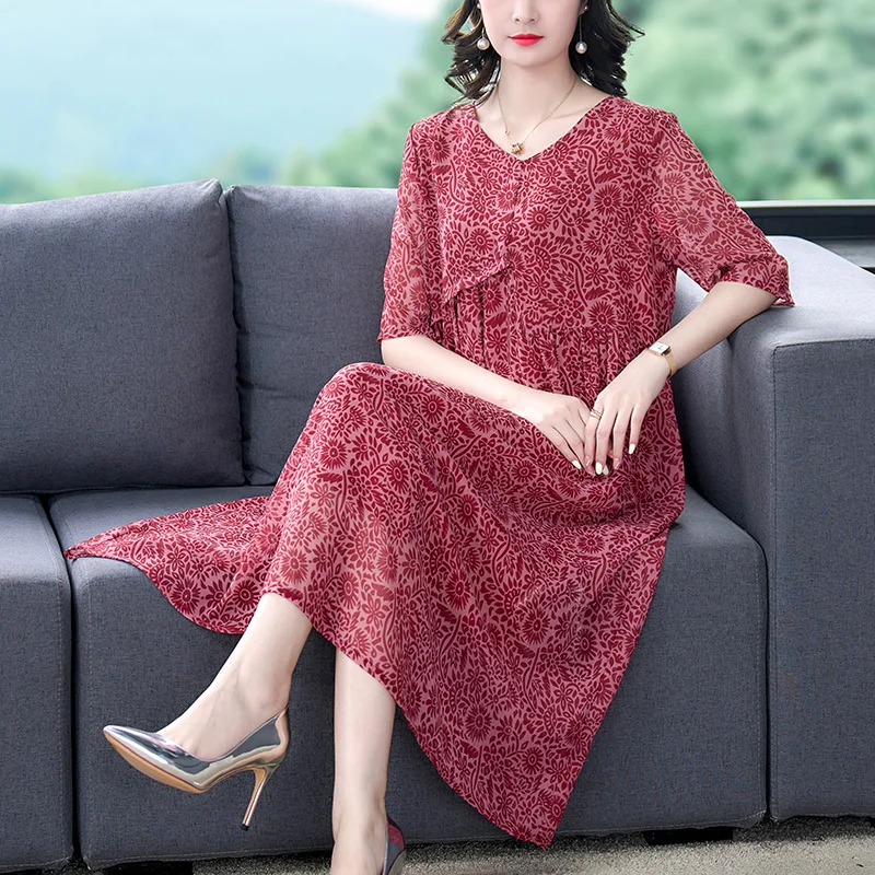 

2024 Summer New Floral Print Chiffon Casual Midi Dress Women Elegant Loose Chic Pretty Dress Red Vintage Festival Party Dresses