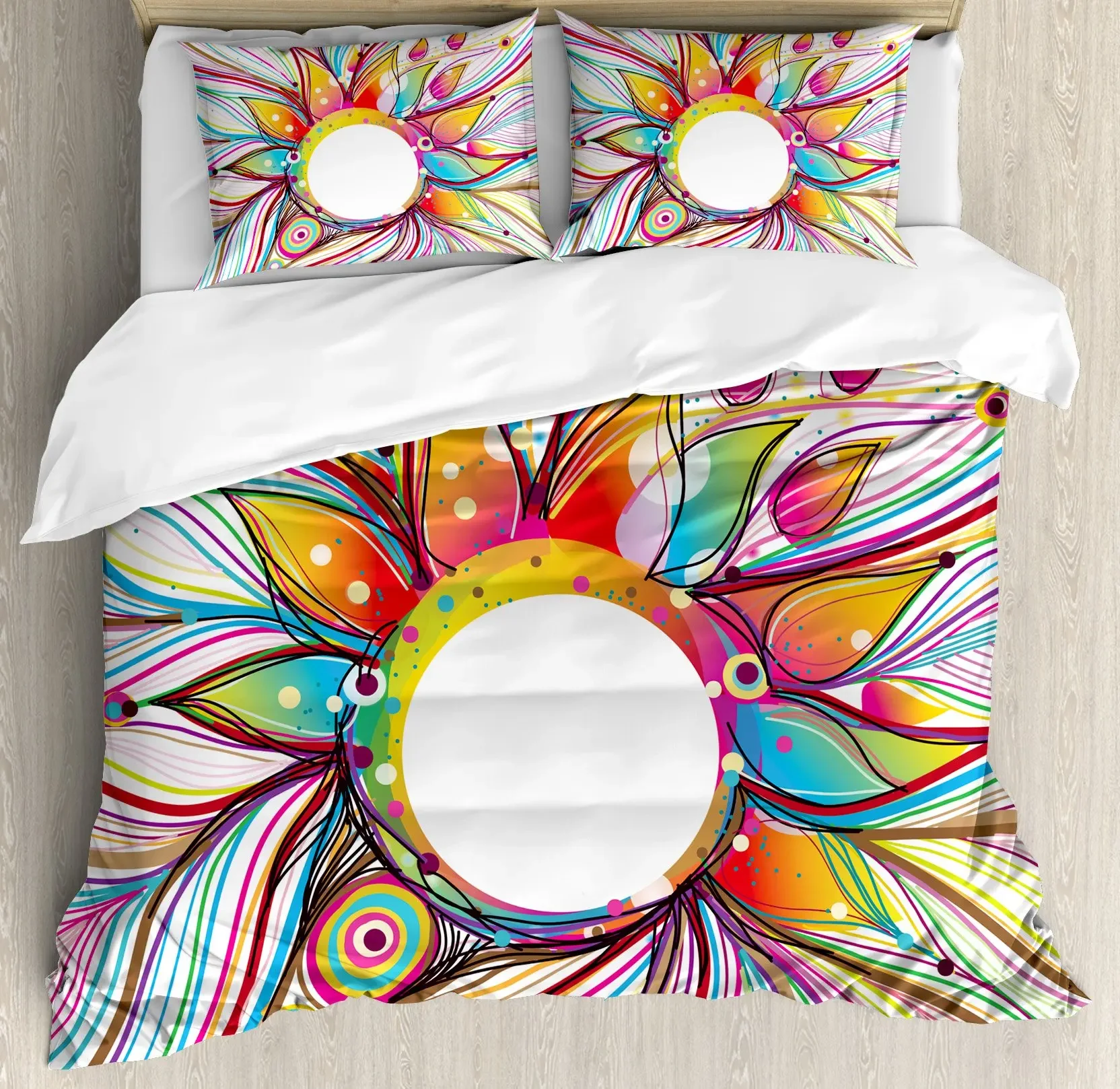 Rainbow Duvet Cover Set, Colorful Abstract Geometric Pattern with Shapes Rainbow, Decorative Bedding Set