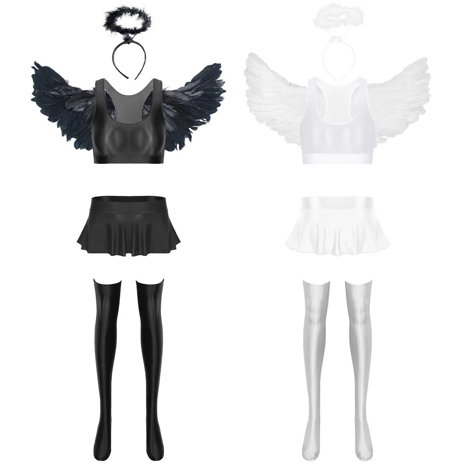 Déguisement Ange Sexy – Crop Top Brillant, Mini-Jupe, Bas et Ailes – photo 3