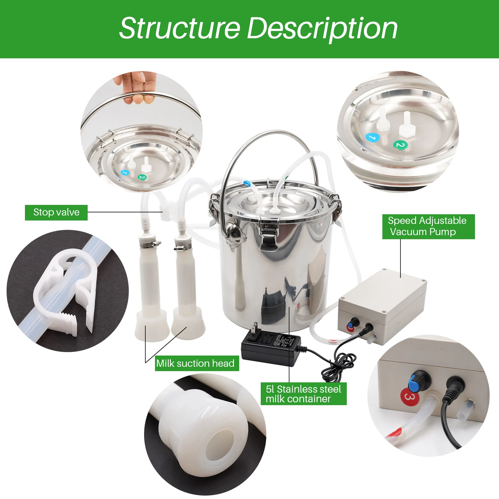 Machine à Traire électrique Portable Pour Chèvres - Kit Avec Seau Inox 2L, 2 Gobelets Trayeurs, Batterie Lithium - 5 Niveaux D'aspiration