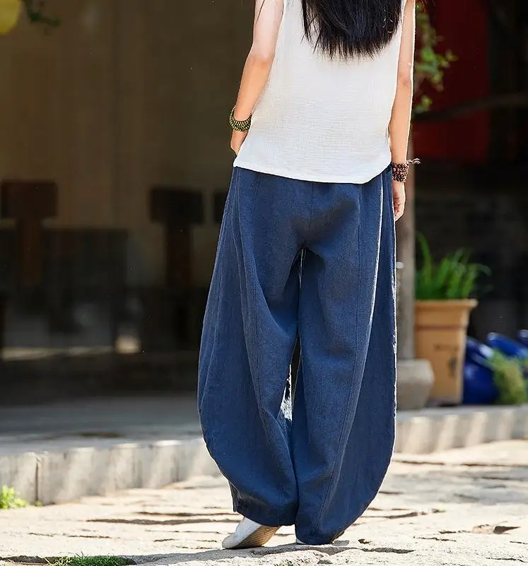 fashion clothing Spring Solid Color Pockets Loose Pants 2022 New Women Vintage Elastic Waist Cotton Linen Wide Leg Full Length Pants RV390 dickies 874 Pants & Capris
