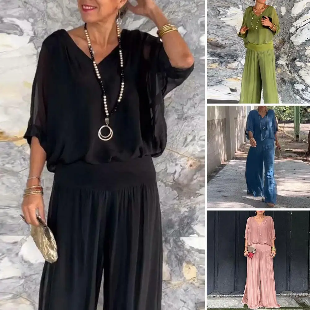 Women Commuting Set Elegant V Neck Pleated Top Wide Leg Pants Set for Women Soft Comfortable Outfit with Bat Sleeves Elastic women dress elegant square neck midi dress with ruffle sleeves high waist pleated a line design for women stylish summer outfit