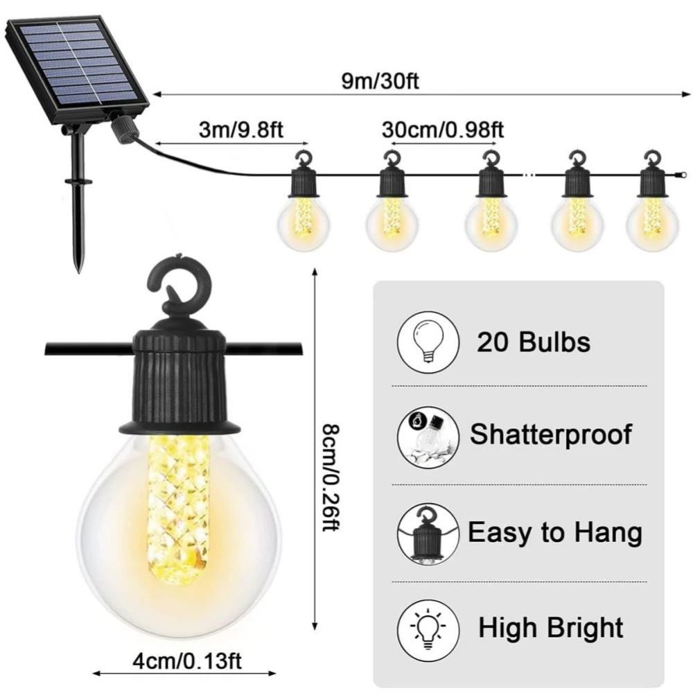 Outdoor Solar String Lights G40 Patio Lights Led Ip65 Waterproof Retro Bulb Christmas Garland Garden Party Decoration Fairy Lamp