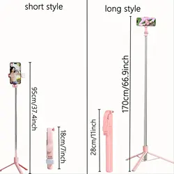 Extendable Aluminum Selfie Stick Tripod with Fill Light & Bluetooth Remote - Short style (Pink)