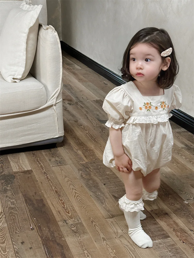 반팔 레이스 바디수트, 귀여운 꽃 자수 공주 점프수트, 옷, 0-24m, 2024 여름 신상
