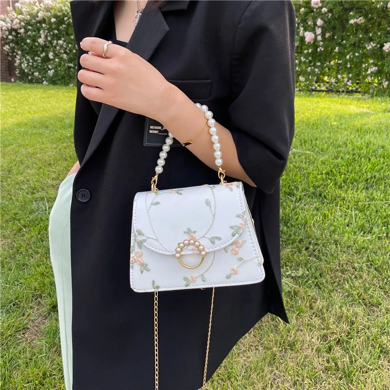 

Women Sweet Lace Handbags Pu Leather Cross Body Bags for Women Small Fresh Flower Chain Pearl Buckle Shoulder Bags Mini Bags