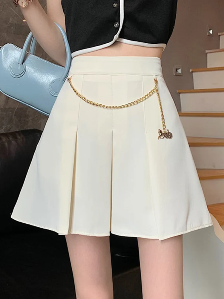 High Waist Skirt Pleated Skirt Female Summer 2021 New Chain Decoration Is Thin and Anti-Empty A-Line Short Skirt summer skirts