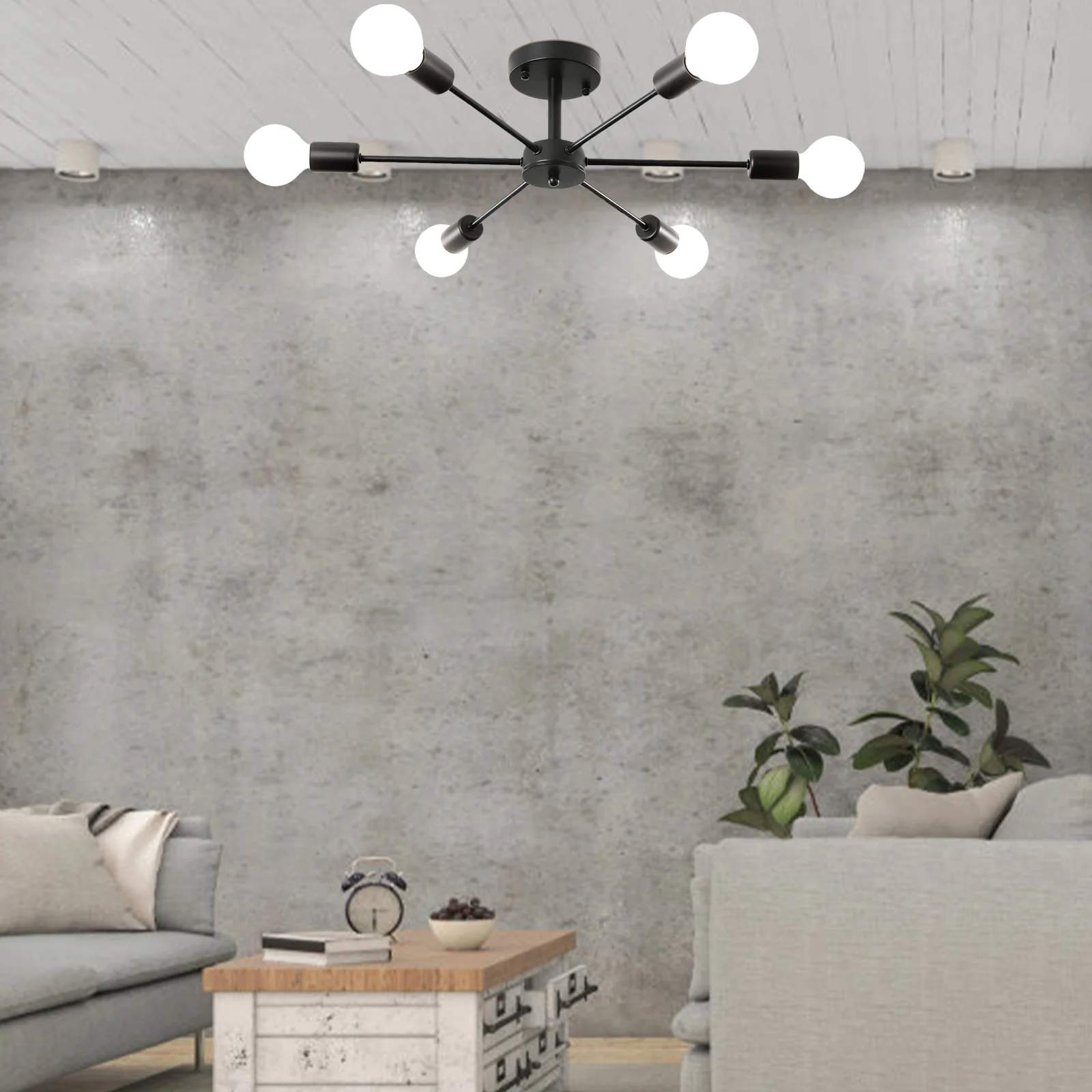 Living Room Lights Ceiling Chandelier Lamp Flush for Household Kitchen Semi-recessed 6-head Abs Bedroom Black