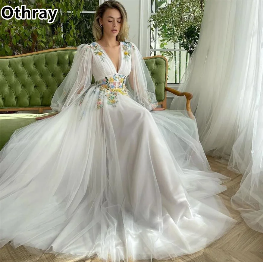

Othray Sweet Floral Lace Wedding Dresses A Line Puff Long Sleeves Split Front Bridal Gowns Boho 2024 Vestidos De Novia V Back