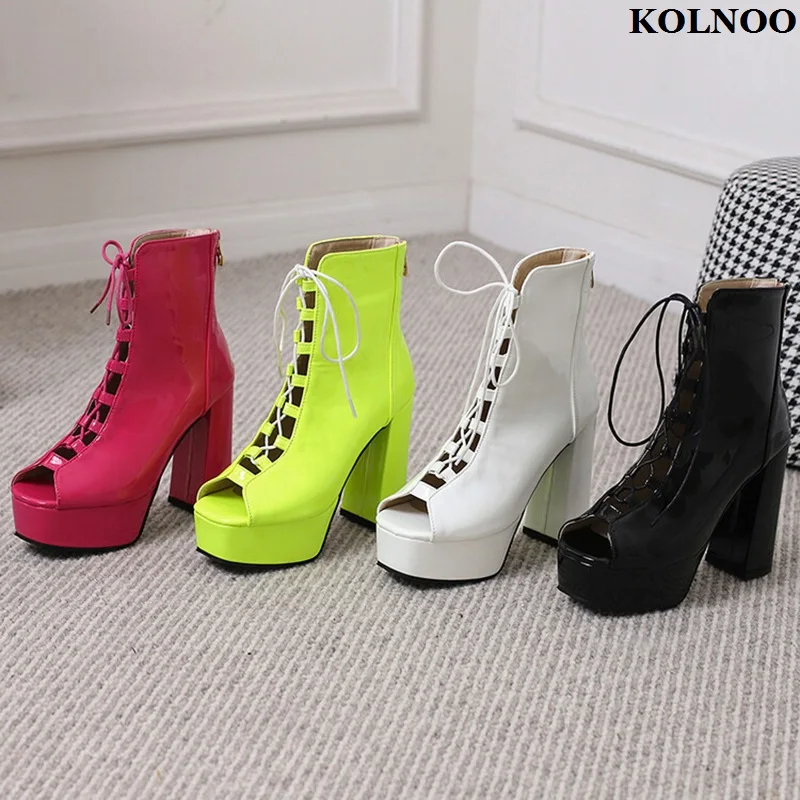 

Kolnoo 2023 Handmade New Arrival Womens Chunky Heels Boots Peep-toe Summer Style Platform Booties Evening Fashion Hot Sale Shoes