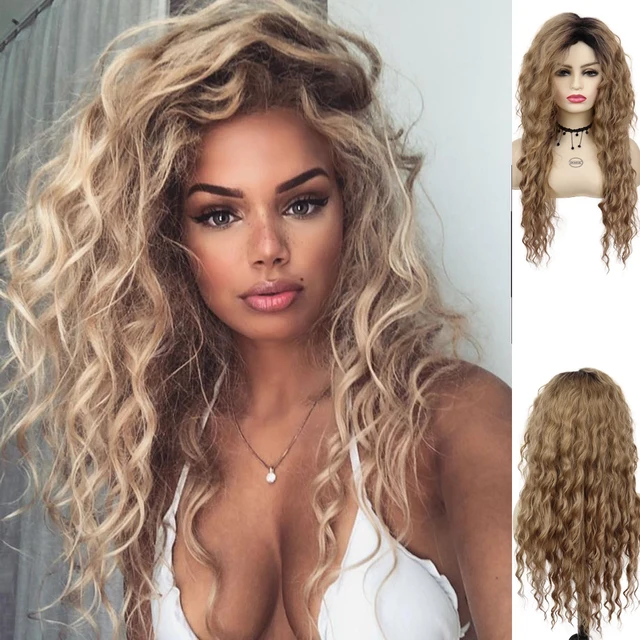 GNIMEGIL Synthetic Long Curly Wigs for Women Ombre Blonde Wig with Bangs Costume Wig for Girls Sexy Blond Wigs with Dark Roots 789-11