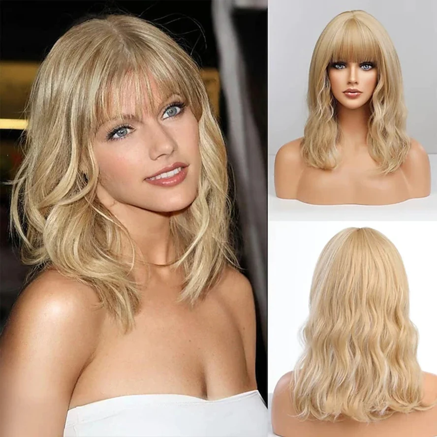 

Shoulder Length Blonde Wig with Bangs Body Wave Bob Wig for Women Heat Resistant Synthetic Fiber Wigs 16Inch