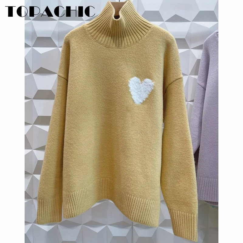

12.11 KKlasonBell Fashion Turtleneck Heart-Shaped Long Sleeve Alpaca Knitted Pullover Sweater Women