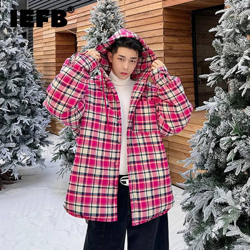 

IEFB Winter Men's Cotton Coat Fashion Korean Style Checker Thickened Hooded Button Up Padded Jackets Trend Loose Oversize 9C3392