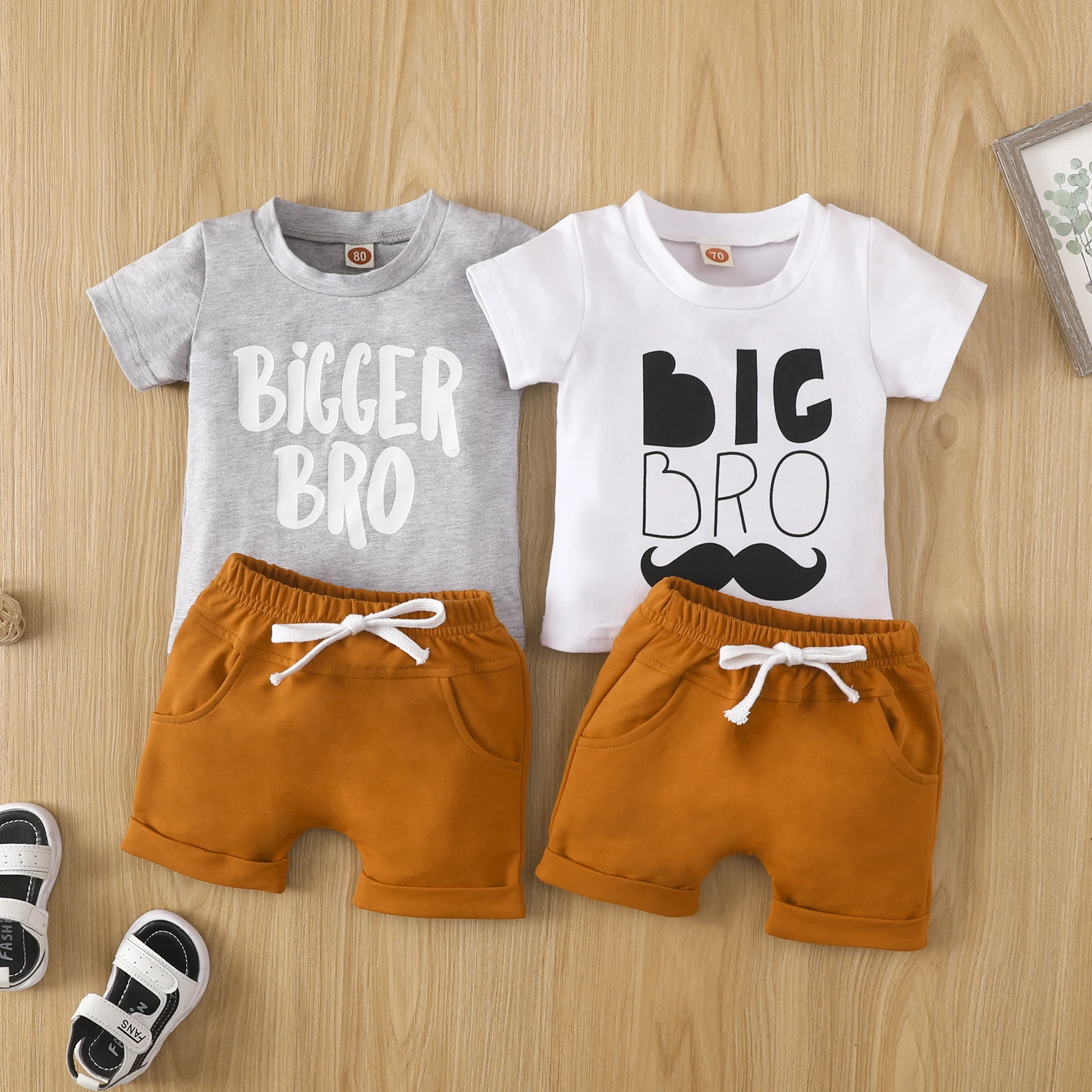 2 Pieces Infant Baby Boys Suit Set, Letter Mustache Print Round Neck