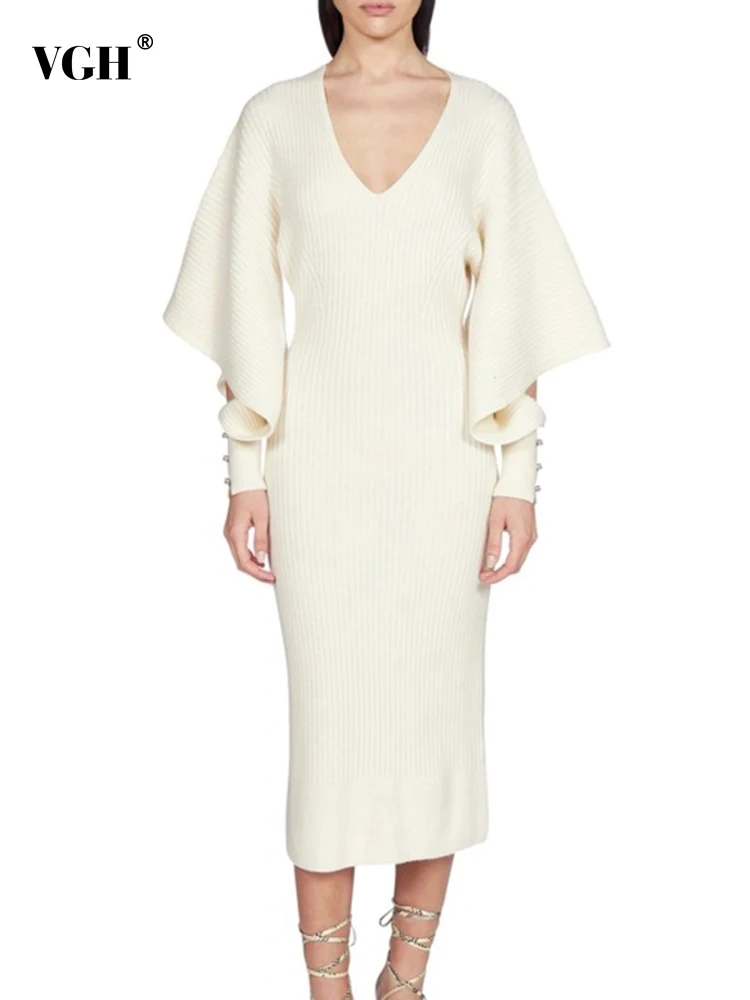 

VGH Solid Hollow Out Slimming Knitted Dress For Women V Neck Long Sleeve High Waist Casual Pullover Dresses Female Fashion New