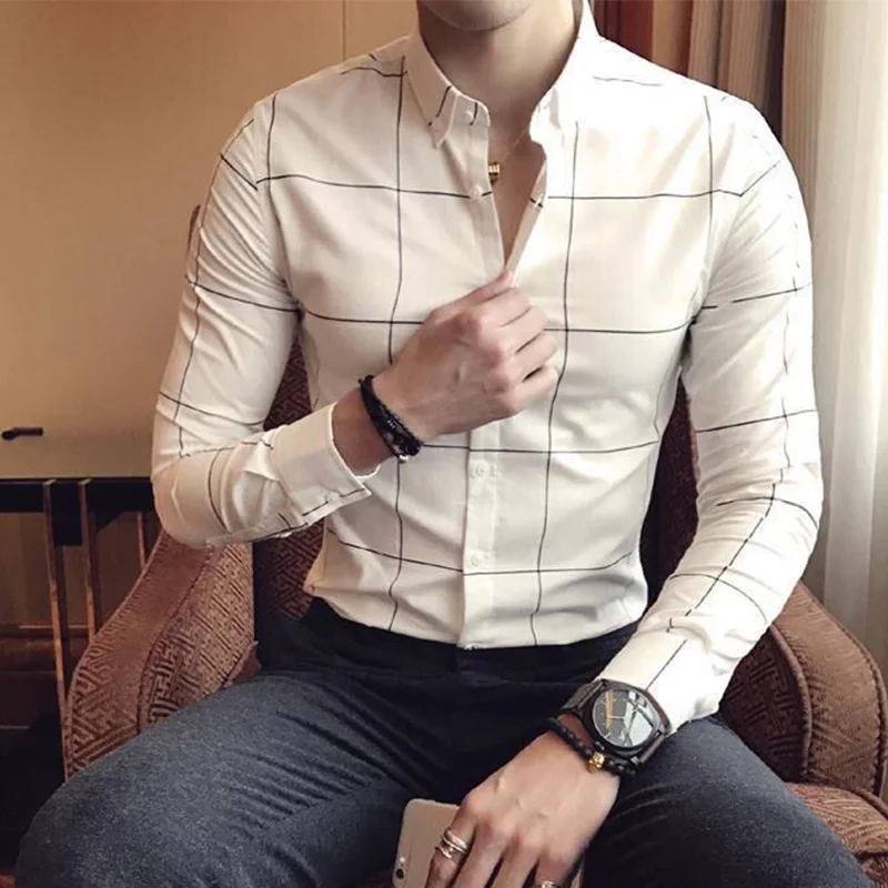 

Summer Loose Casual Handsome Retro Korean Style Elegant Fashion Men's Shirt Button Plaid Splicing Lapels Long Sleeve Chic Tops