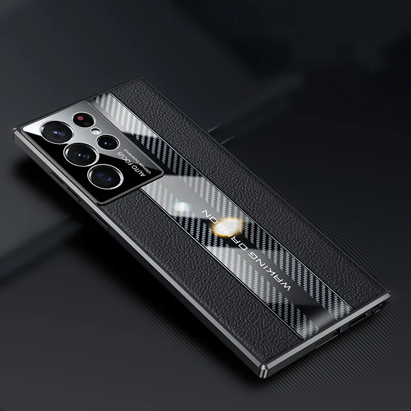 Carbon Fiber Genuine Leather Splicing Cover For Samsung Galaxy S23 Ultra S22 Plus Racing Car Design Camera Protection Phone Case