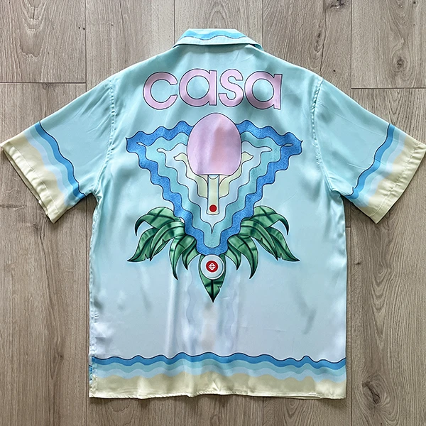 

2023ss Casablanca Shirt Men Women Hawaiian Beach Light Blue Table Tennis Racket Pattern Silk Shirts For Men