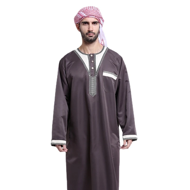 

Men's Clothing Muslim Fashion Jubba Thobe Nationality Round Neck Embroidery Button Pocket Long Sleeve Solid Color Spring