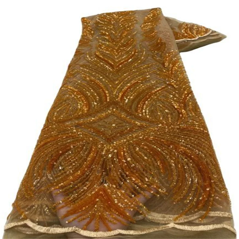 

Orange African Luxury Sequins Lace Fabrics Latest Beaded Embroidery French Tulle Mesh Lace Fabric Material For Party Wedding