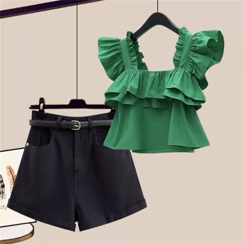 2024 Summer New Lotus Leaf Sleeves Pleated Camisole Vest Casual Denim Shorts Two-piece Elegant Women's Shorts Set