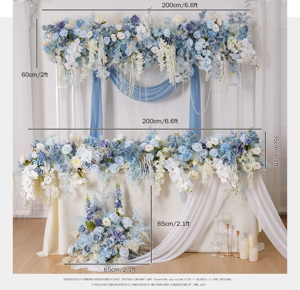 Description Picture 6 of itemBlue White Orchid Mist Pampas Grass Sofa Table Runner Flower Row Wedding Backdrop Frame Deco Aisle Floor Floral Arrangement Prop