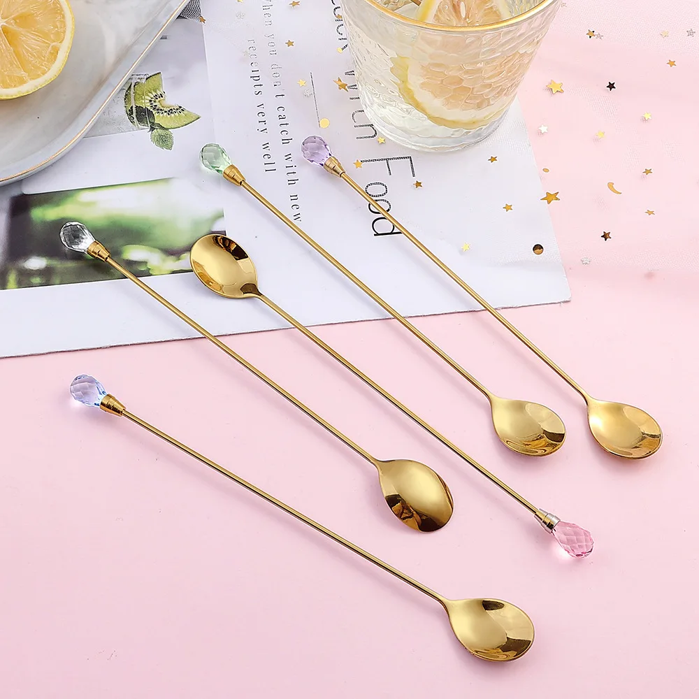 Crystal Spoon Set stainless steel spoon tea spoon Long Handle 430 Stainless Steel for Dessert Ice Cream Coffee Cocktail 5pcs