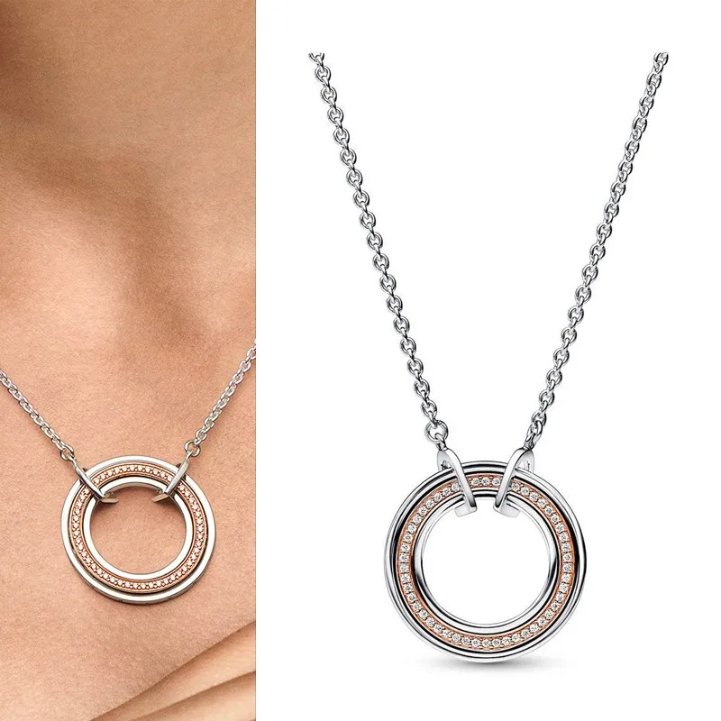 2023 New Women's 925 Silver Popular Pav é Dense Set Two Tone Ring Overlay Studded Logo Necklace Light Luxury DIY Charm Jewelry