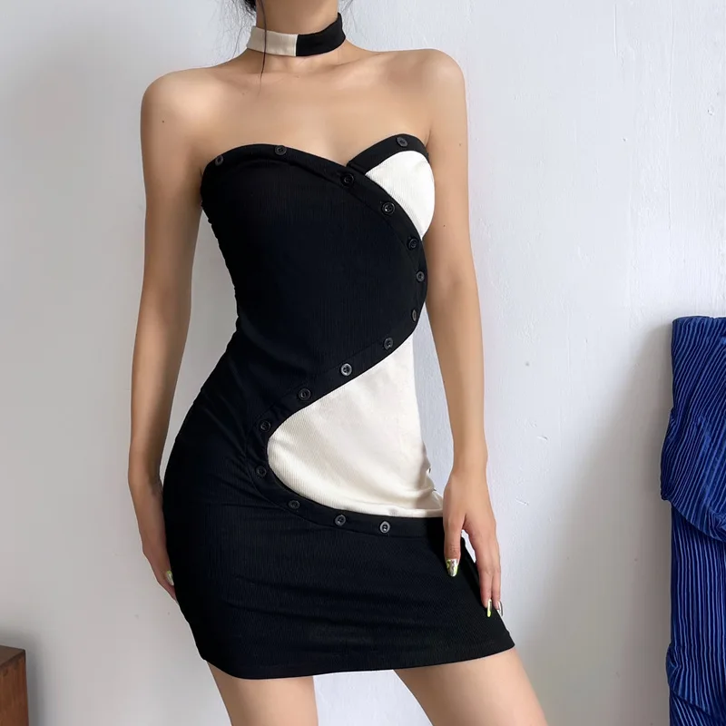 Fashion Women Sexy Patchwork Backless Mini Skin Tight Short Dress Ladies Summer Sleeveless Wrap Party Spaghetti Strap Dresses zara dresses