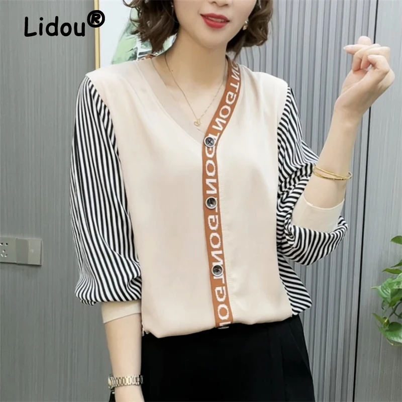 

Women Letter Striped Print Patchwork Simple Elegant T Shirt Spring Autumn Fashion V-neck Long Sleeve Pullover Tops Ropa De Mujer