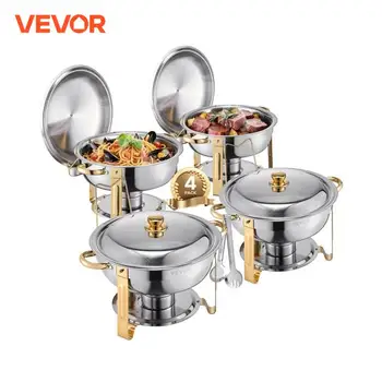 VEVOR Scaldavivande per Buffet con 4 Padelle, Distributore di Calore Rotondo per Ristorazione con Coperchio, Porta Carburante e Vaschetta per l'Acqua per Matrimoni, Feste, Dorato 4,7 L 1