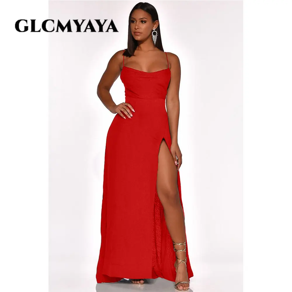 

GLCMYAYA Summer Fashion Women Sleeveless High Side Slit High Waist Solid Spaghetti Strap Dress 2023 Backless Sexy Party Dresses