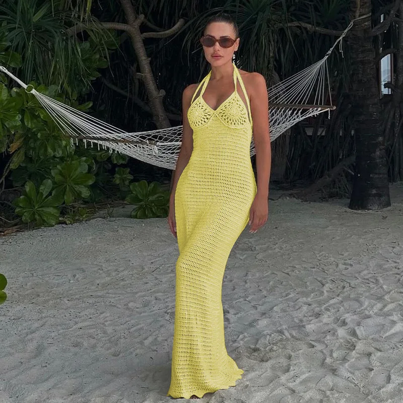 

Summer Holiday Crochet Knitted Maxi Dress Hollow Out Lace Up Halter Backless High Stretch Bodcyon Long Beach Robe Cover Ups