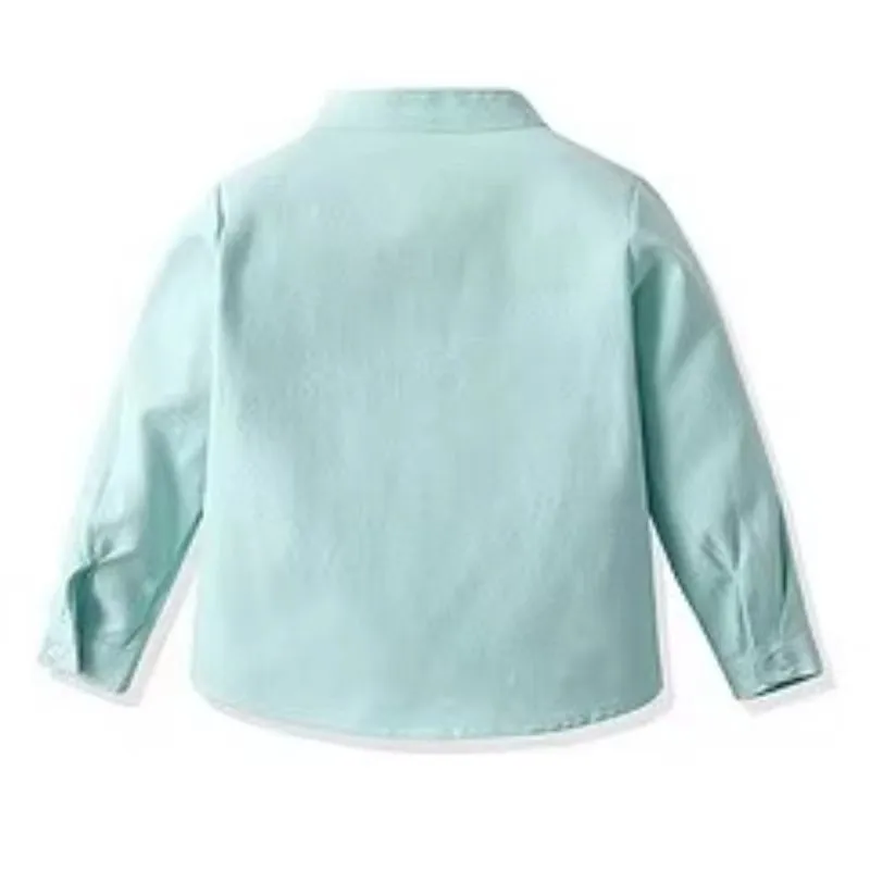 Jungen Baumwolle Weiß Langarm Hemd Frühling Neue Kinder Baby Formale Mandarin Kragen Knöpfe Strickjacke Hemden Mit Einer Tasche – Detail 4